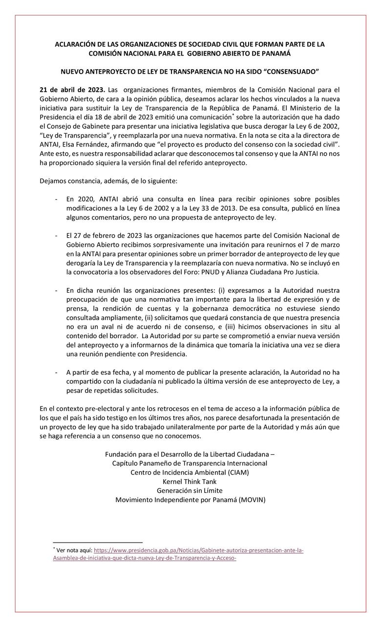 Organizaciones alertan que las modificaciones a la Ley de Transparencia no han sido consensuadas, como alega Presidencia