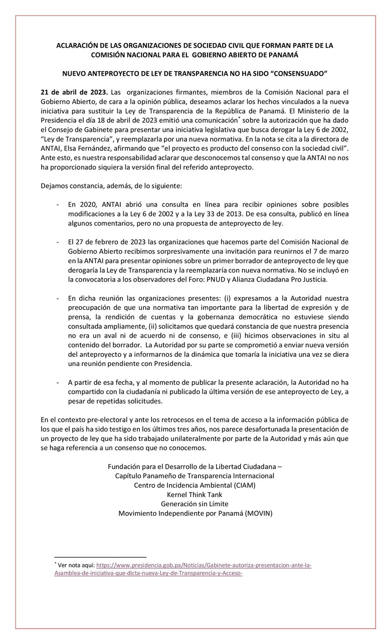 Organizaciones alertan que las modificaciones a la Ley de Transparencia no han sido consensuadas, como alega Presidencia