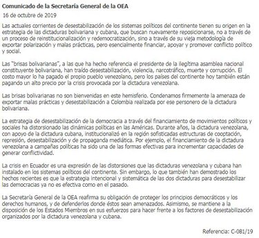 Observadores de la OEA piden segunda vuelta electoral en Bolivia