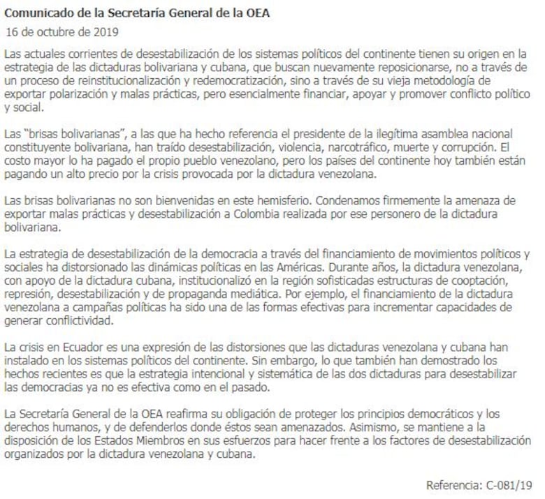 Observadores de la OEA piden segunda vuelta electoral en Bolivia