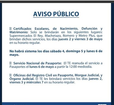 TE anuncia horarios especiales y cierre de oficinas por elecciones generales