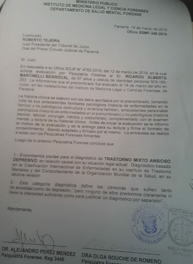 Imelcf certifica que Martinelli tiene 'pautas para el diagnóstico' de un trastorno depresivo; el Tribunal pide una aclaración
