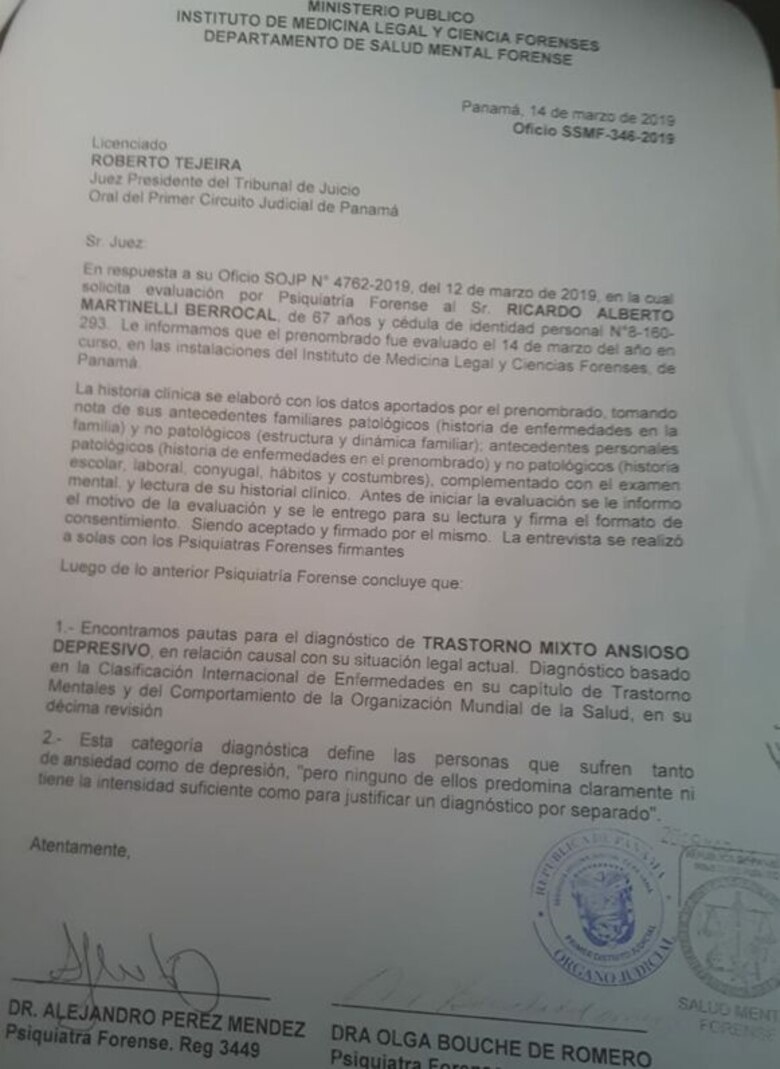 Imelcf certifica que Martinelli tiene 'pautas para el diagnóstico' de un trastorno depresivo; el Tribunal pide una aclaración