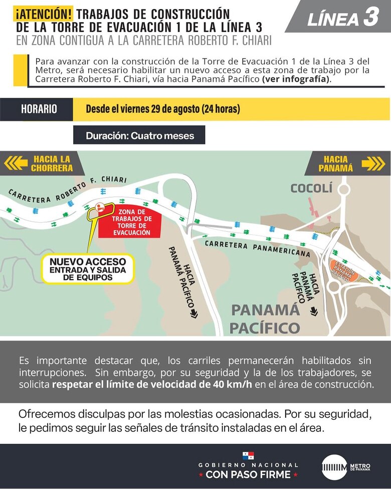 Metro de Panamá anuncia cierre temporal en zona contigua a la carretera Roberto F. Chiari