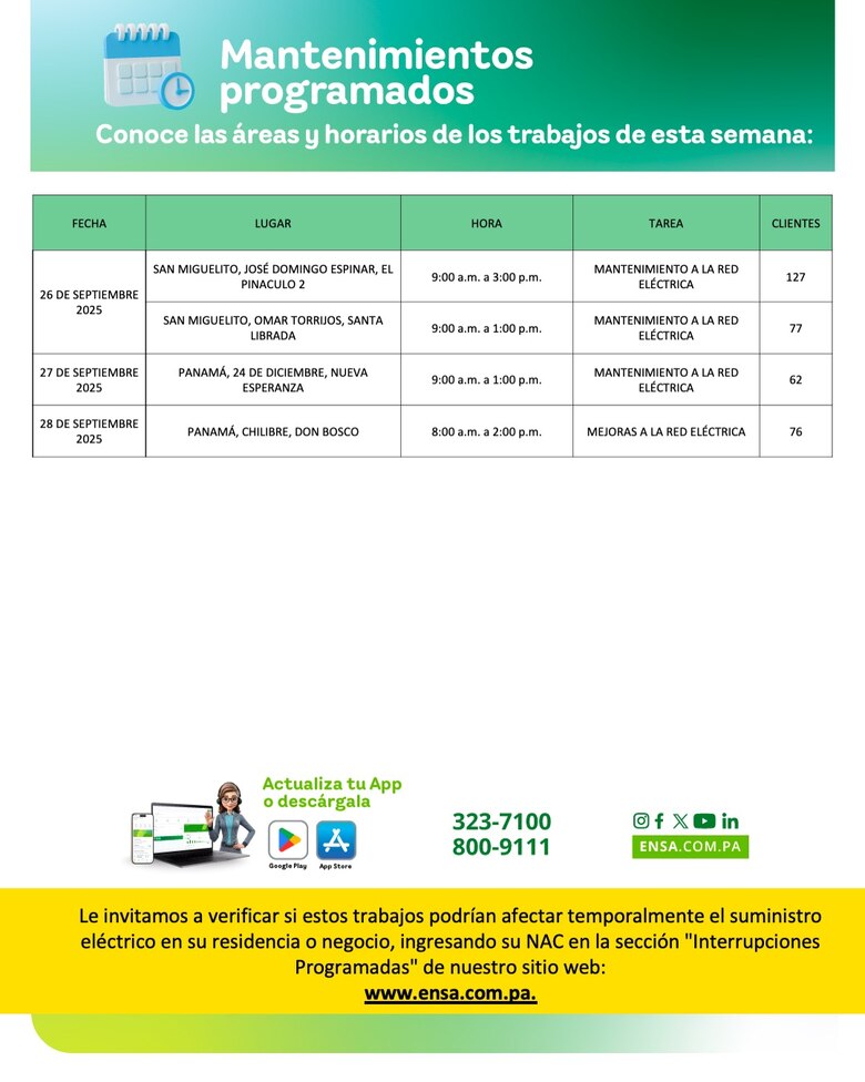 ENSA informa los mantenimientos programados del 22 al 28 de septiembre de 2025