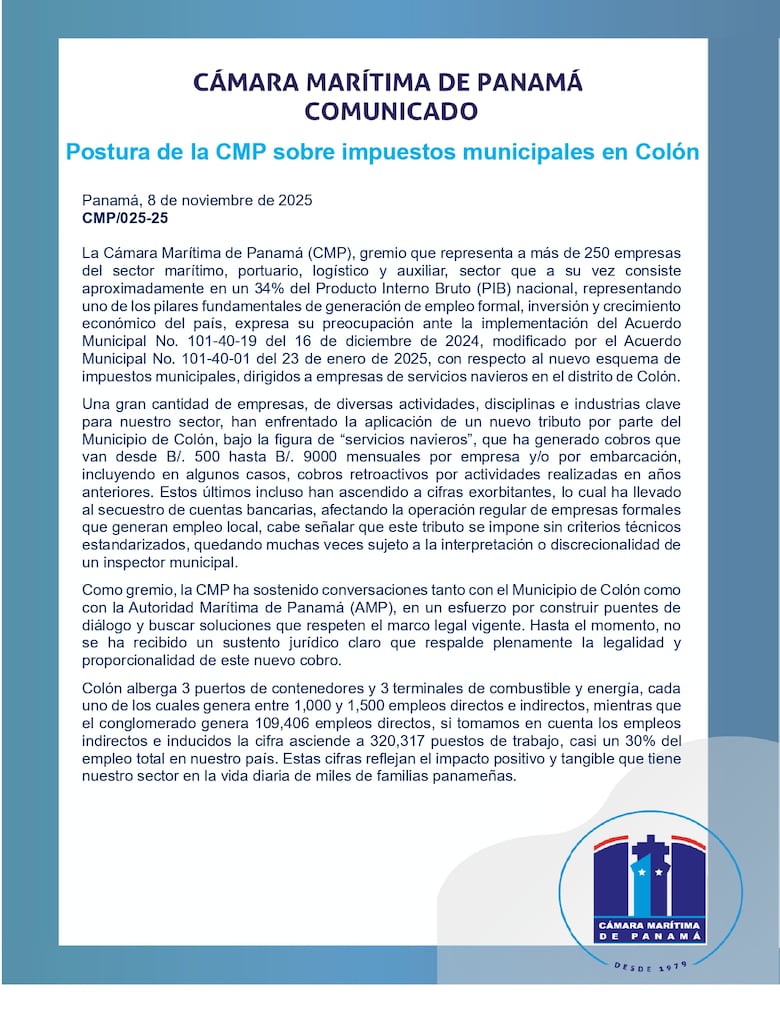 Cámara Marítima de Panamá pide suspender cobro de nuevo tributo municipal en Colón aplicado a servicios navieros