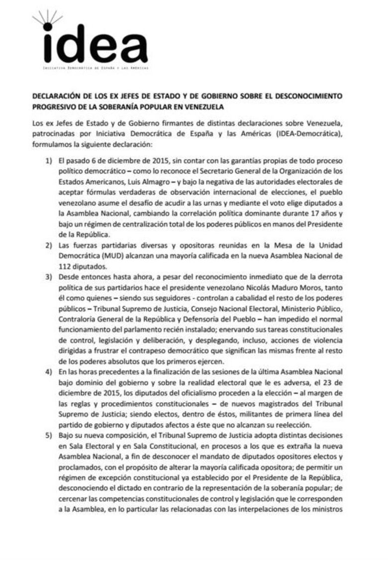 27 expresidentes piden a la OEA y a la Unión Europea mediar en crisis de Venezuela
