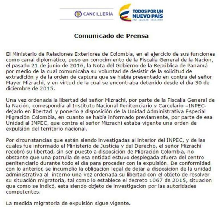 Cancillería colombiana: expulsión de Mayer Mizrachi sigue vigente