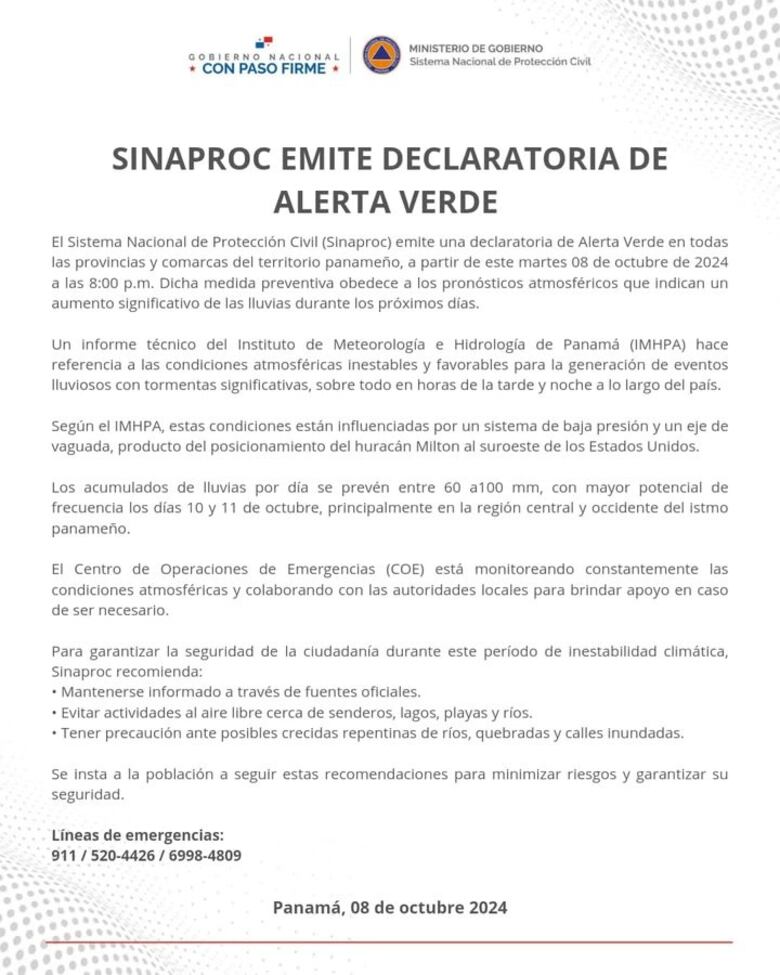 Sinaproc declara nueva alerta en todo el país por aumento significativo de lluvias a consecuencia del huracán Milton