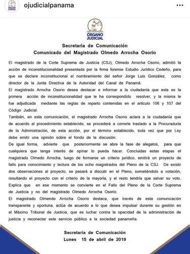 Magistrado Arrocha admite demanda de inconstitucionalidad por nombramiento de Jorge González