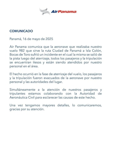 Avión de Air Panamá se sale de la pista en Isla Colón con 38 personas a bordo