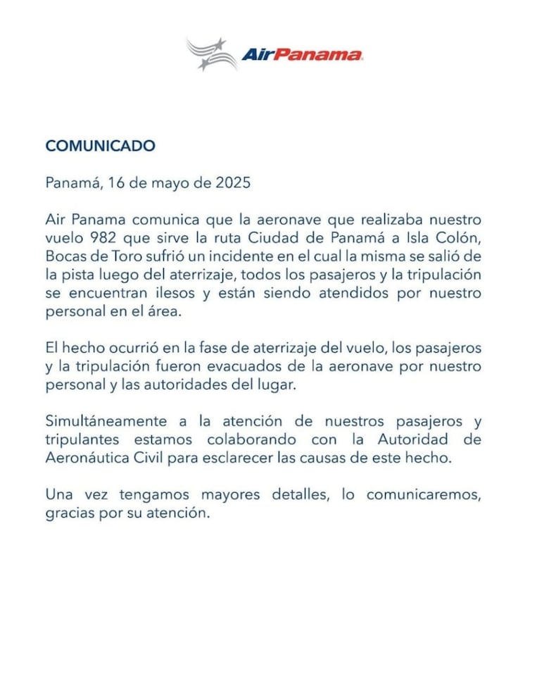 Avión de Air Panamá se sale de la pista en Isla Colón con 38 personas a bordo