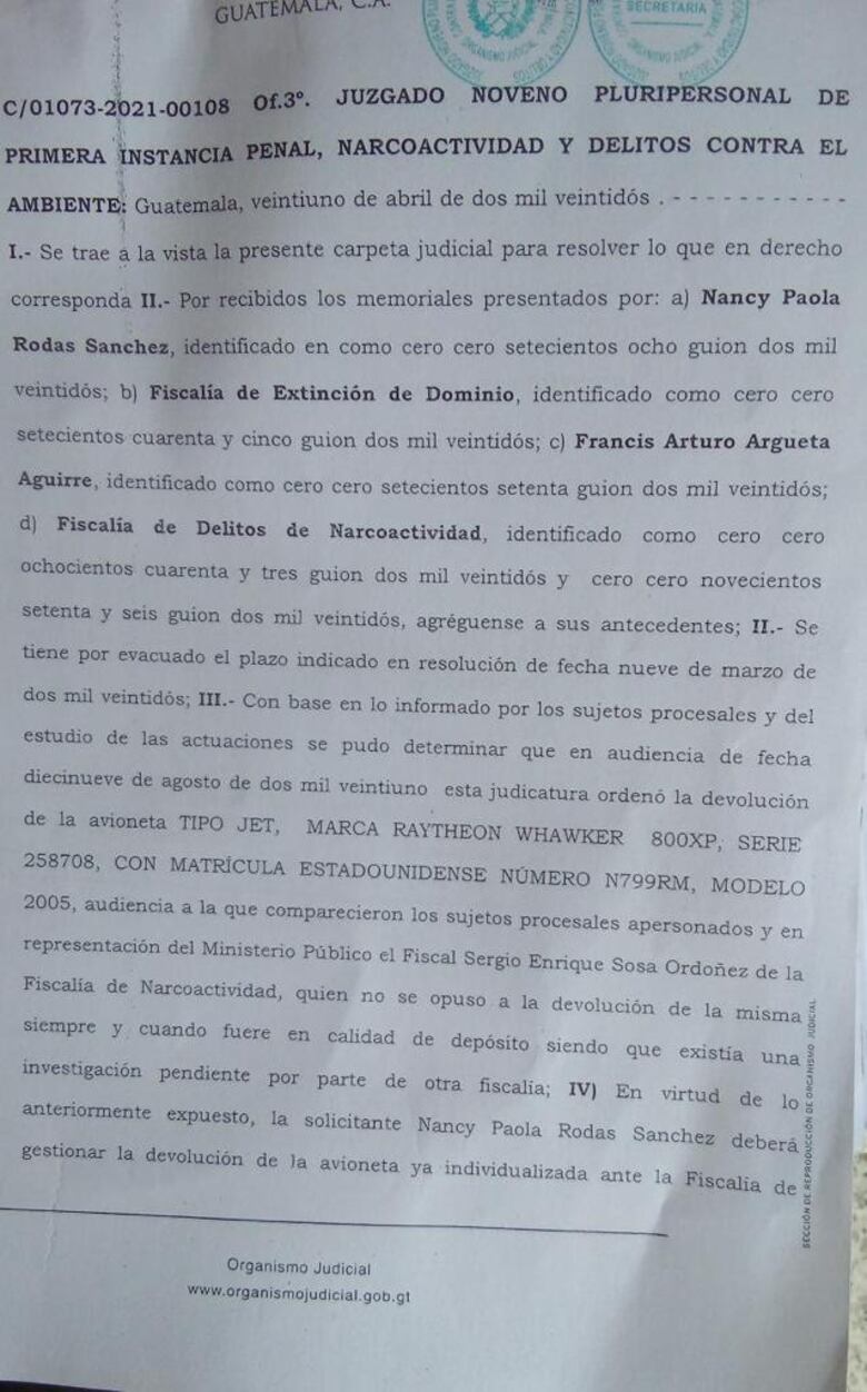 Guatemala: la liberación del avión de Martinelli depende del Juzgado de Extinción de Dominio