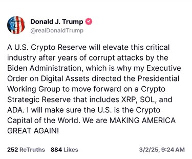 Trump anuncia la creación de una reserva estratégica de criptomonedas