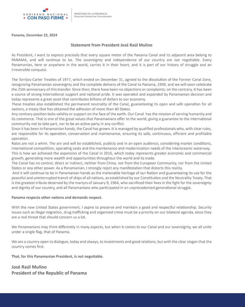 ‘Cada metro cuadrado del Canal y su zona adyacente es de Panamá y lo seguirá siendo’: Mulino responde a declaraciones de Trump