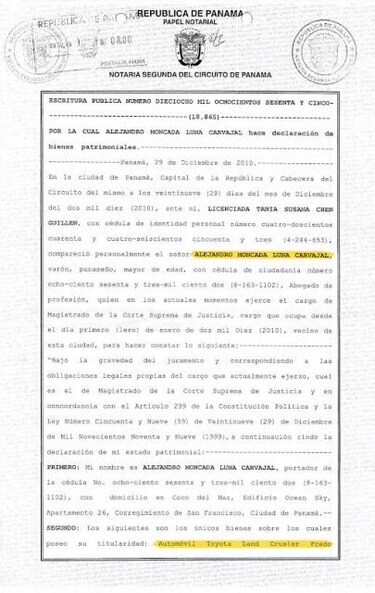 Aquí está la declaración de bienes jurada del magistrado Alejandro Moncada Luna