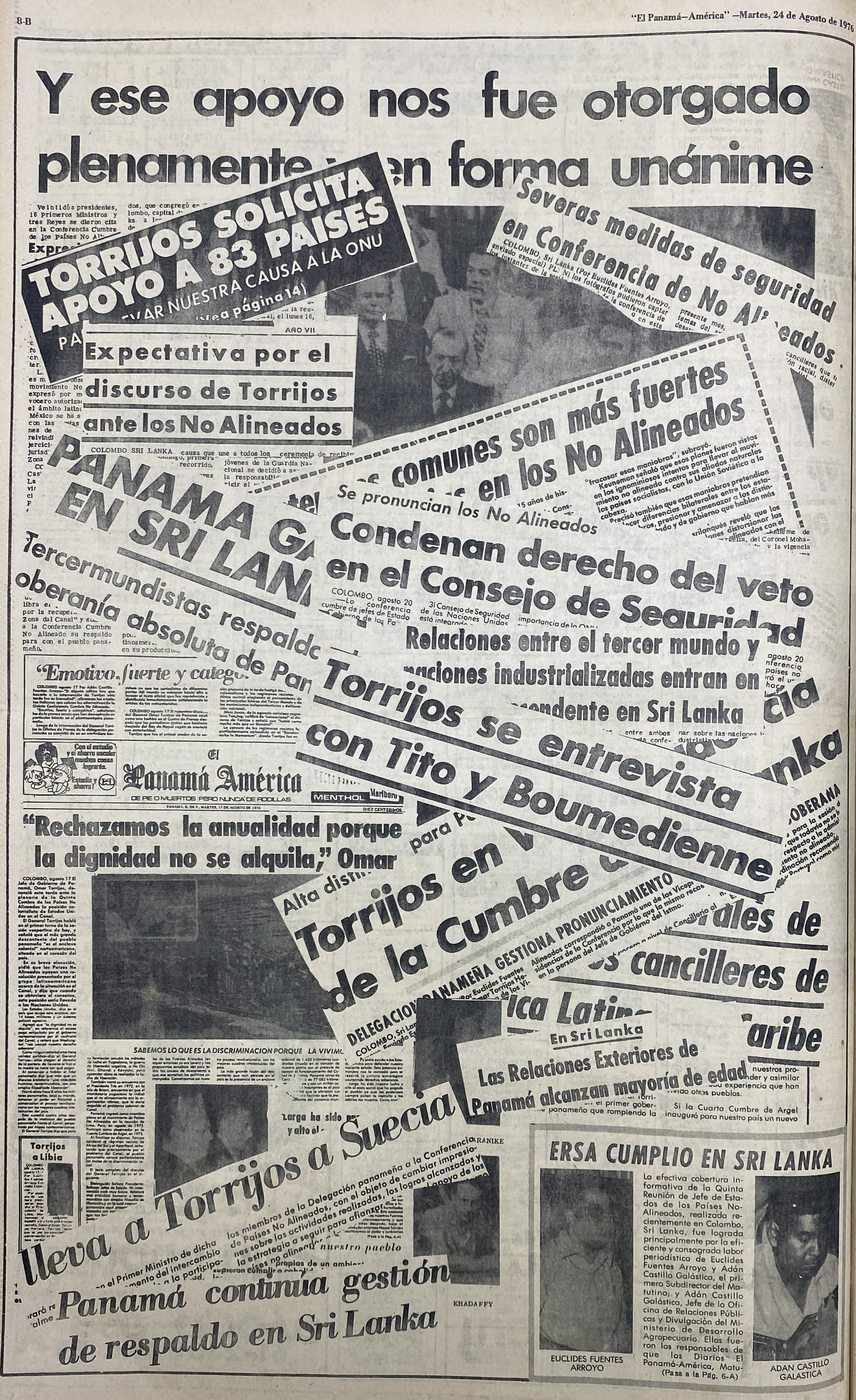 Compilación de titulares refiriéndose a la cumbre de países no alineados y de Torrijos buscando aliados a favor de la causa panameña. Panamá América, página 8-b. 24 de agosto de 1976. Obtenido de la Hemeroteca Biblioteca Nacional Ernesto J. Castillero R.