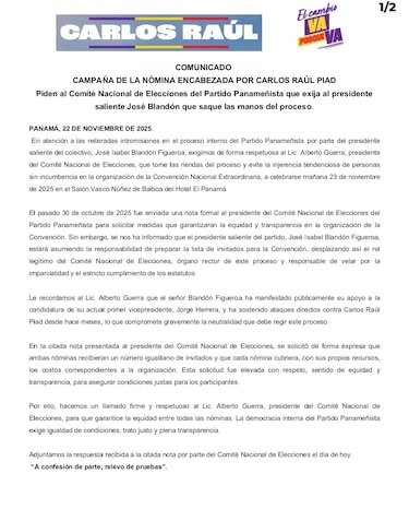 Piad acusa ‘injerencia’ de Blandón a horas de las internas del Partido Panameñista