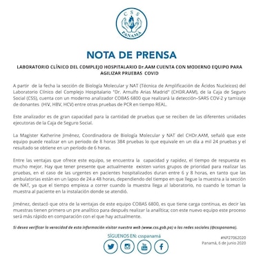 Laboratorio del Complejo Hospitalario cuenta con nuevo equipo para procesar más rápido las pruebas de Covid-19