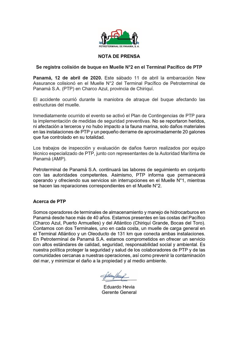 Buque choca con estructura de muelle de Petroterminales de Panamá