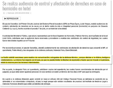 Fiscal alega que no solicitó sanción para medios por caso de homicidio en hotel