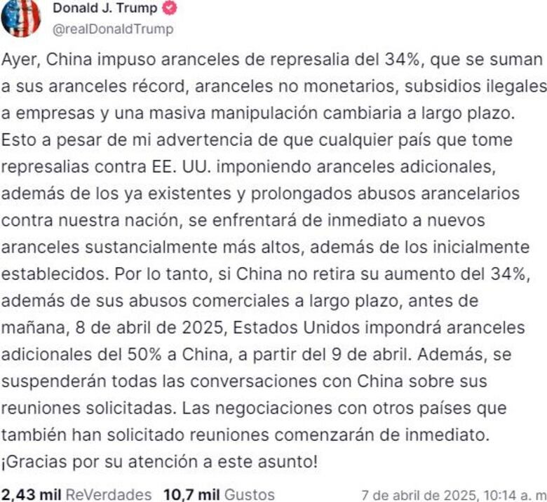 Trump amenaza a China con un arancel adicional del 50 % por las represalias de Pekín