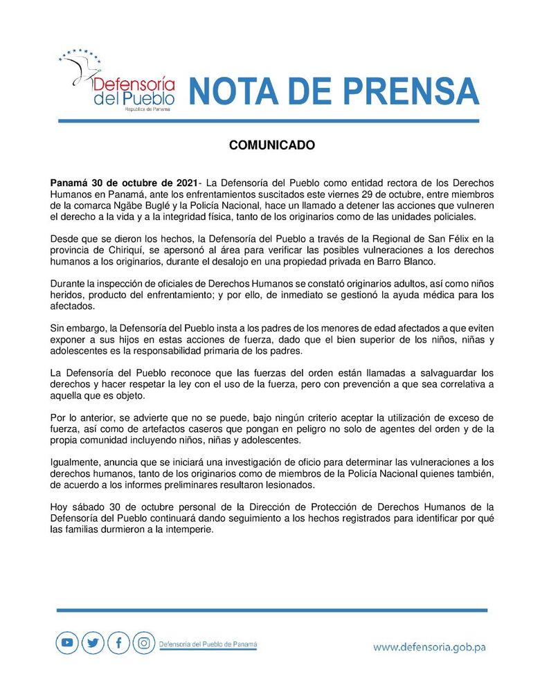 Defensoría del Pueblo inicia investigación de oficio tras enfrentamiento entre indígenas y policías en Barro Blanco