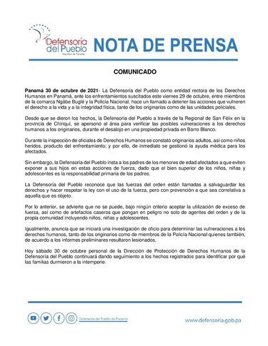 Defensoría del Pueblo inicia investigación de oficio tras enfrentamiento entre indígenas y policías en Barro Blanco