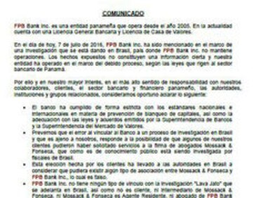 Brasil investiga a la sociedad panameña FPB Bank