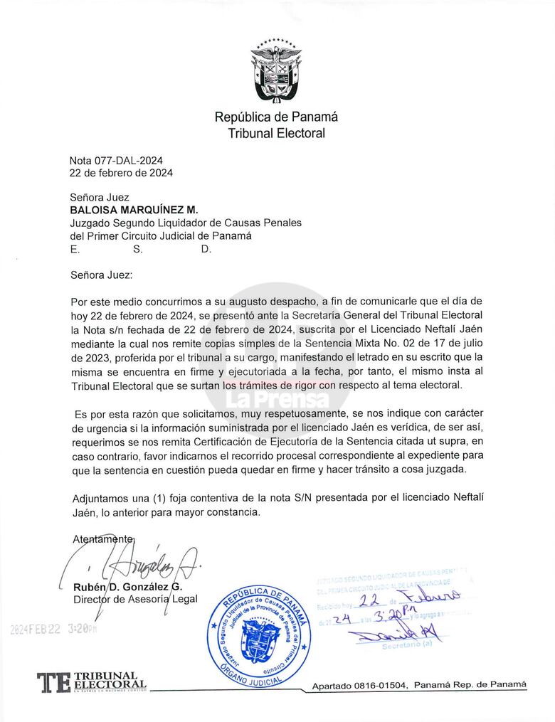 El Tribunal Electoral le pregunta a la juez Marquínez si la sentencia de Martinelli ya está ‘en firme’