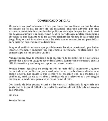 Suspenden por 10 partidos a Román; el jugador afirma que consumió un suplemento contaminado