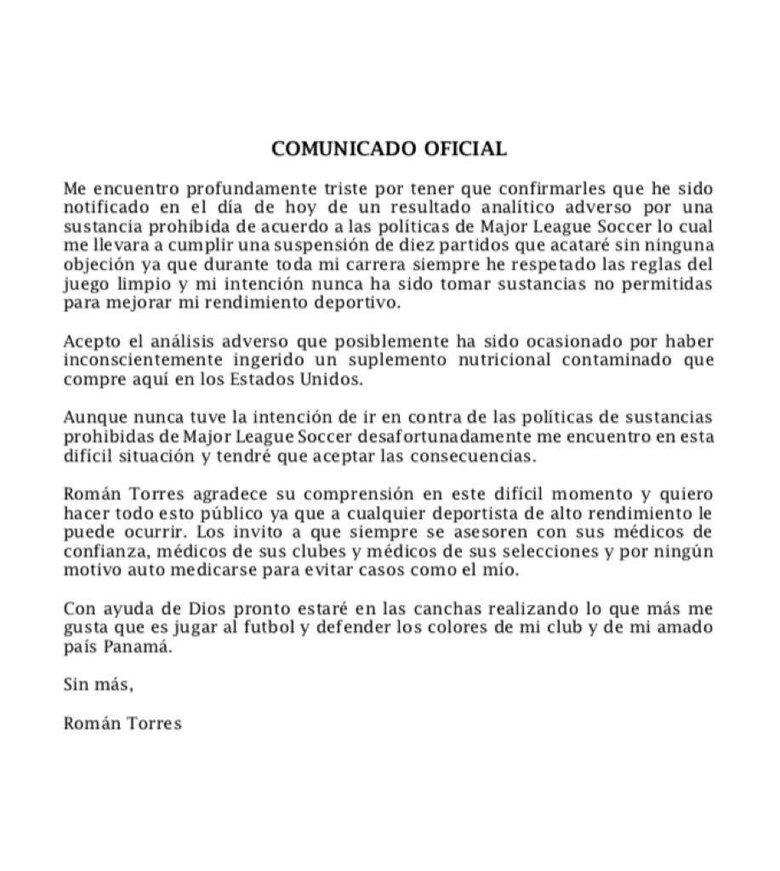 Suspenden por 10 partidos a Román; el jugador afirma que consumió un suplemento contaminado