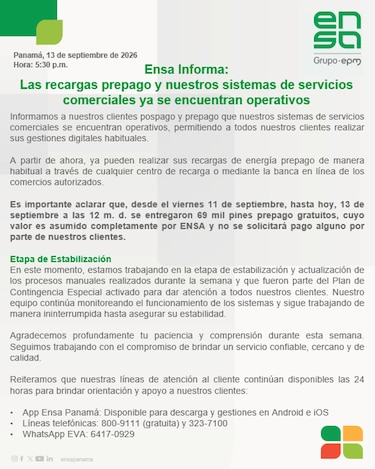 ENSA restablece recargas prepago tras falla en sus sistemas