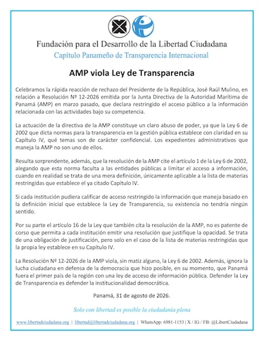 Transparencia Internacional acusa a la AMP de ‘abuso de poder’ por ocultar información