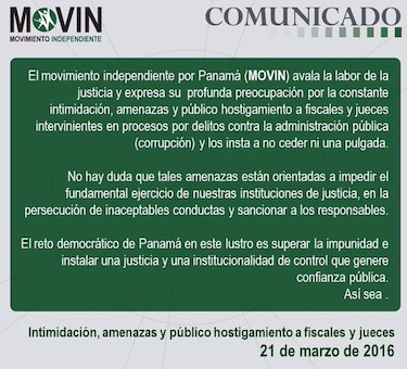 Movin rechaza intimidaciones, amenazas y público hostigamiento a fiscales y jueces