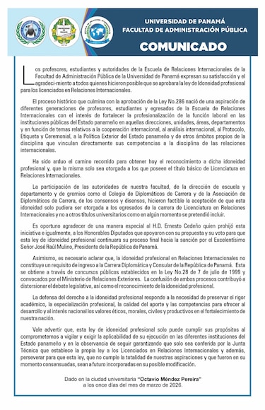 Piden a Mulino sancionar ley que crea idoneidad para profesionales en Relaciones Internacionales