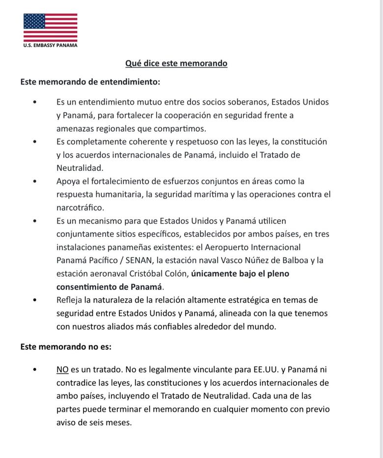 Embajada de Estados Unidos defiende el Memorándum de Entendimiento con Panamá