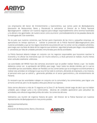 Arbyd pide mayor colaboración de la Policía Nacional para poder reactivar el sector gastronómico y de entretenimiento