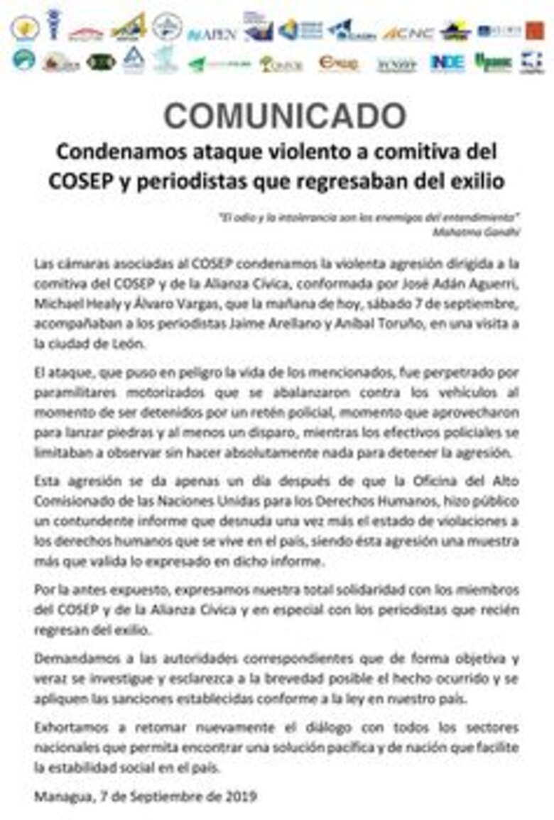 Nicaragua: condenan ataque contra empresarios y periodistas