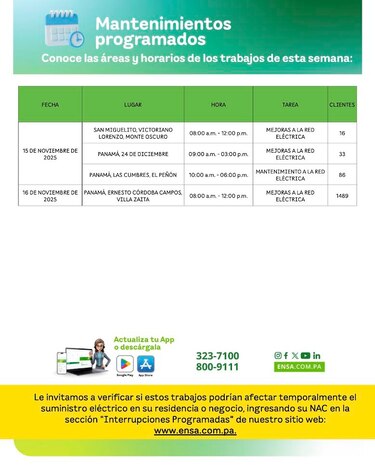 ENSA informa los mantenimientos programados del 11 al 16 de noviembre de 2025