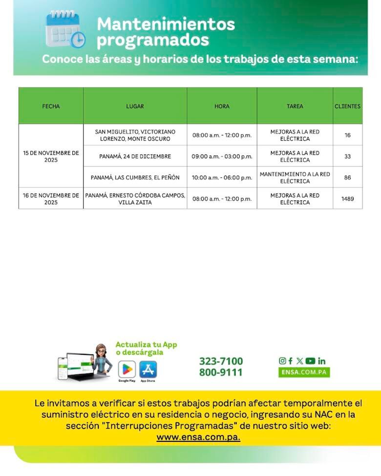 ENSA informa los mantenimientos programados del 11 al 16 de noviembre de 2025
