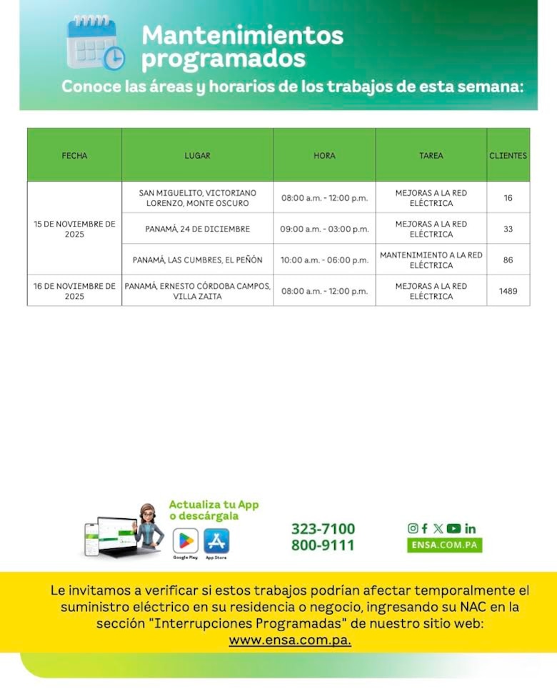 ENSA informa los mantenimientos programados del 11 al 16 de noviembre de 2025