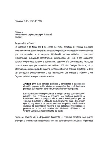 Tribunal Electoral a Movin: Donación de Odebrecht a campañas políticas es 'confidencial'