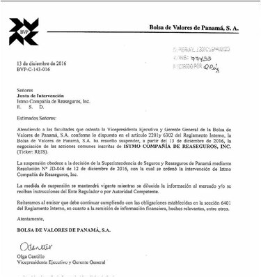 Bolsa de Valores de Panamá suspende cotización de acciones de Istmo Compañía de Reaseguros