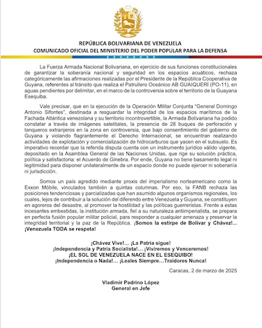 Venezuela responde a Guyana que su buque de guerra estaba en ‘aguas pendientes por delimitar’
