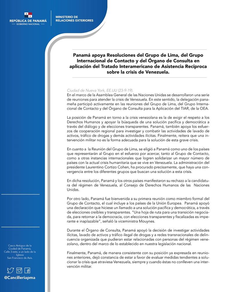 Grupo de Lima elige a Panamá para buscar más solidaridad de otros países con crisis venezolana