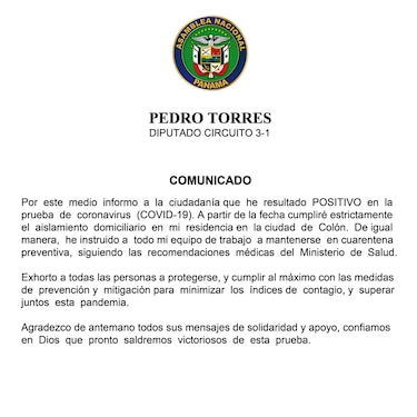 Asamblea cancela sesión de este martes; diputado Pedro Torres confirma que dio positivo a Covid-19