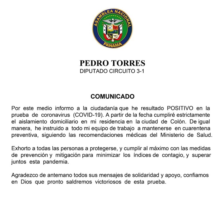 Asamblea cancela sesión de este martes; diputado Pedro Torres confirma que dio positivo a Covid-19