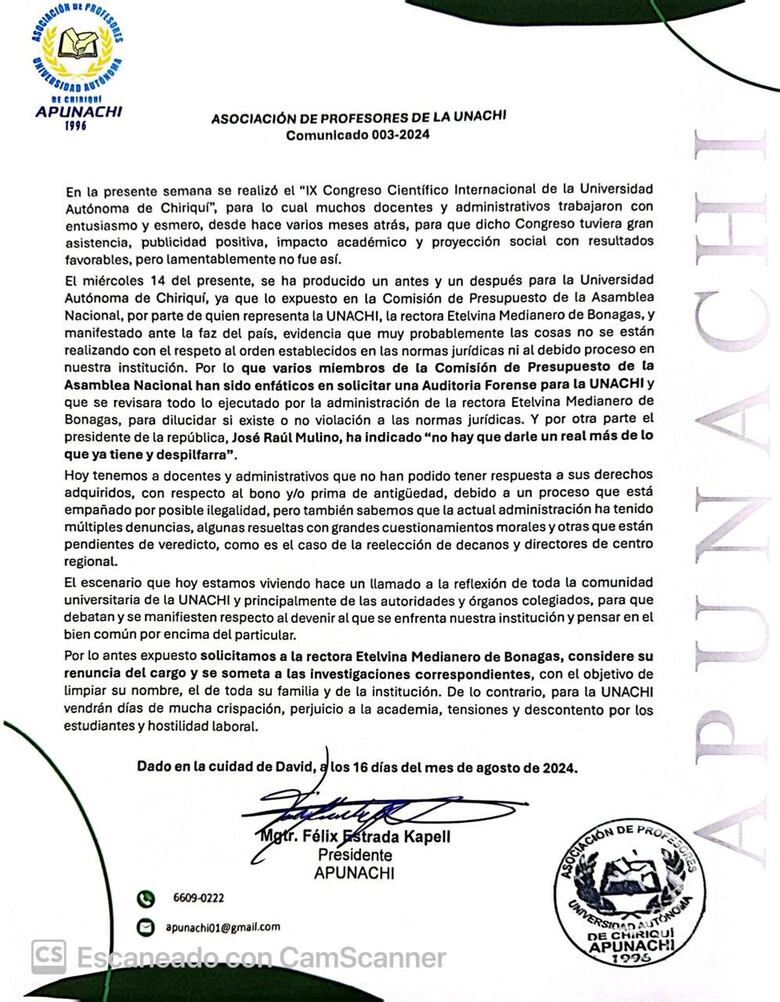 Profesores de la Unachi piden la renuncia de la rectora, Etelvina de Bonagas