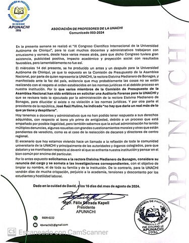 Profesores de la Unachi piden la renuncia de la rectora, Etelvina de Bonagas